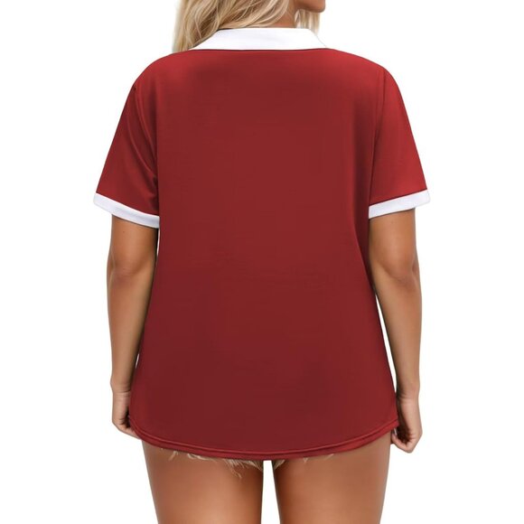 Plus Size Summer Tops Rayon Blend Short Sleeve Polo Collared Blouses - Picture 3 of 5